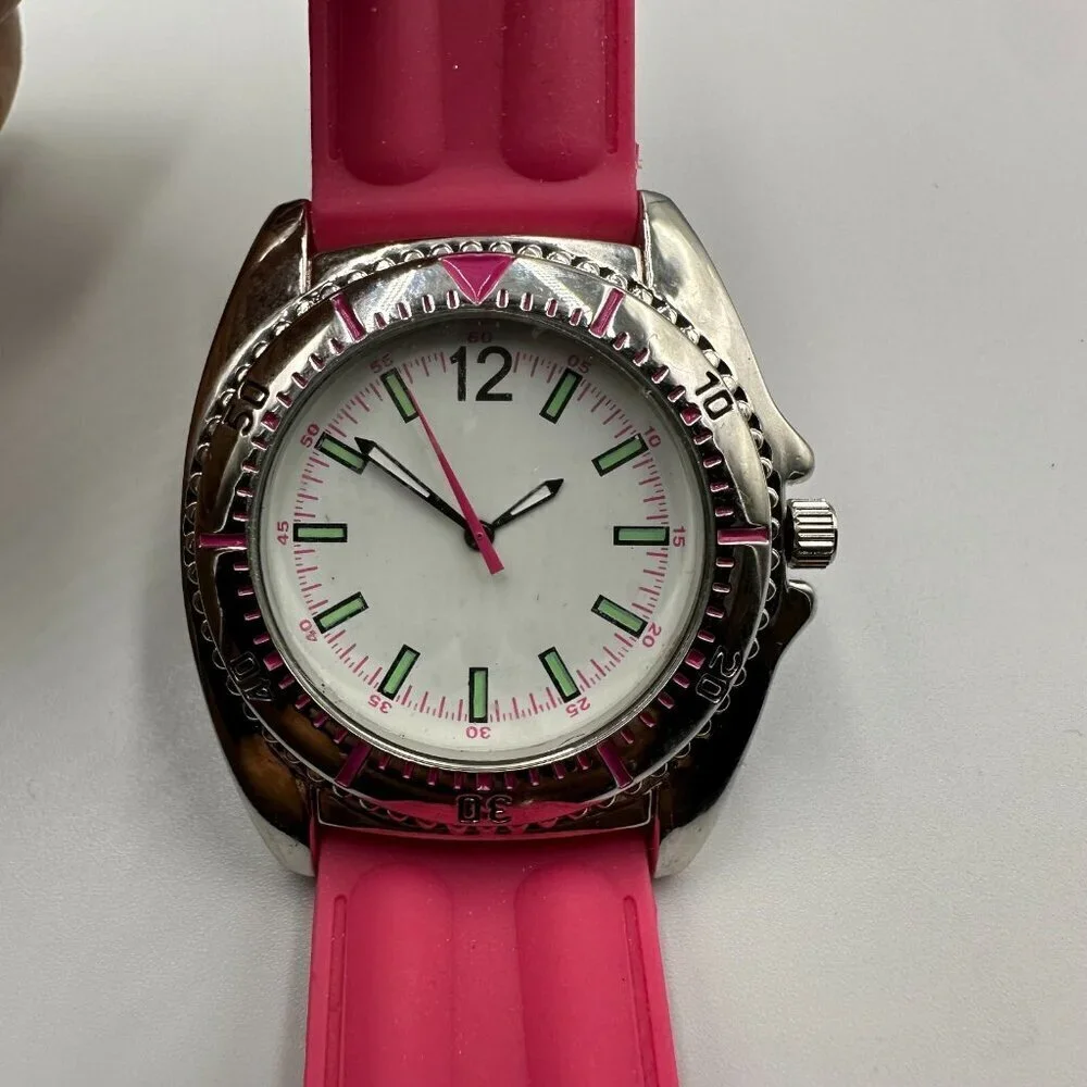3/$30 Pink Watch Women Silicone Band Silver Tone Case White Dial Sporty